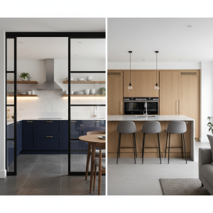 Comparativa de dos cocinas modernas: una cerrada con puertas de vidrio y muebles azul marino, y otra abierta con isla central y mobiliario de madera clara.